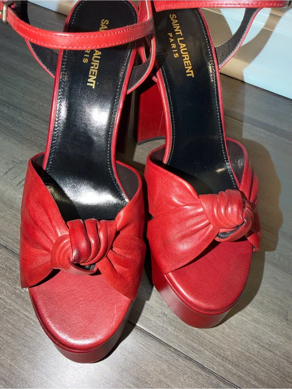 Saint Laurent Red Leather Bianca Knotted Platform Sandals - NWT